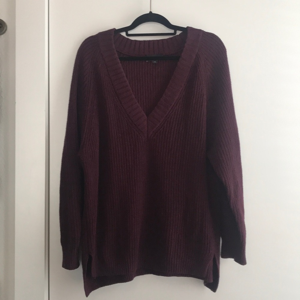 OVERSIZED SHAKER KNIT DEEP V-NECK TUNIC SWEATER